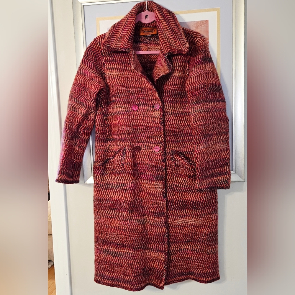 Vintage Missoni Long Double Breasted Knit Sweater Coat,Zig Zag Pattern, EU 46
